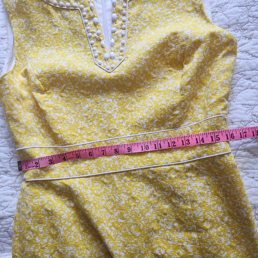 Tahari ASL Dress Size 14 Yellow Mod Embellished Beads Sleeveless Summer Work - Picture 9 of 11